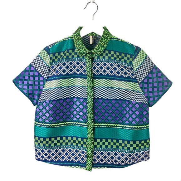 Topshop Box Fit Button Up Patterned Short Sleeve Shirt Size 2 - Picture 2 of 7